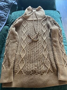 Cable Knit Drawstring Turtleneck Sweater - Tan